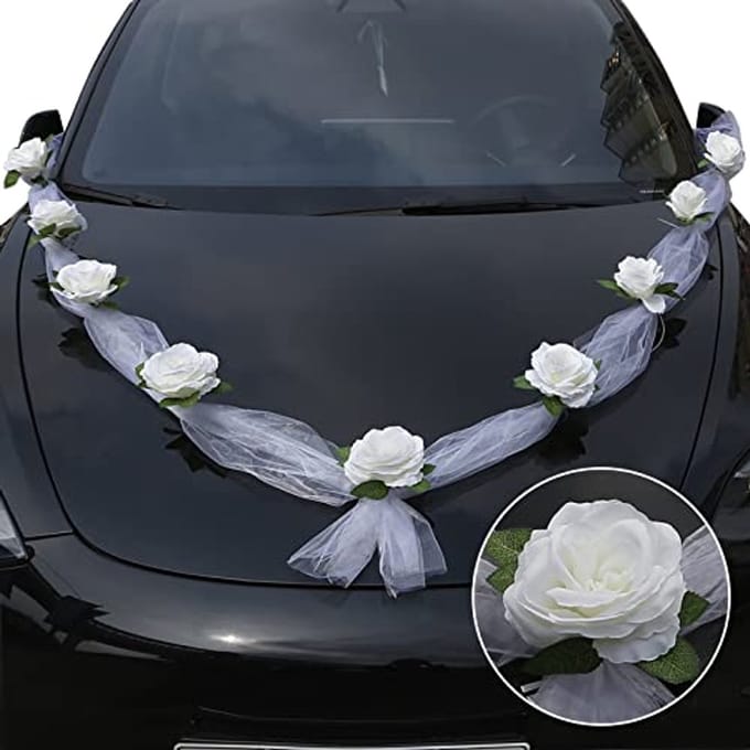 Auto Bruiloft Decoratieset met Witte Slinger en Kunstbloemen - Elegante Decoratie voor Bruiloft