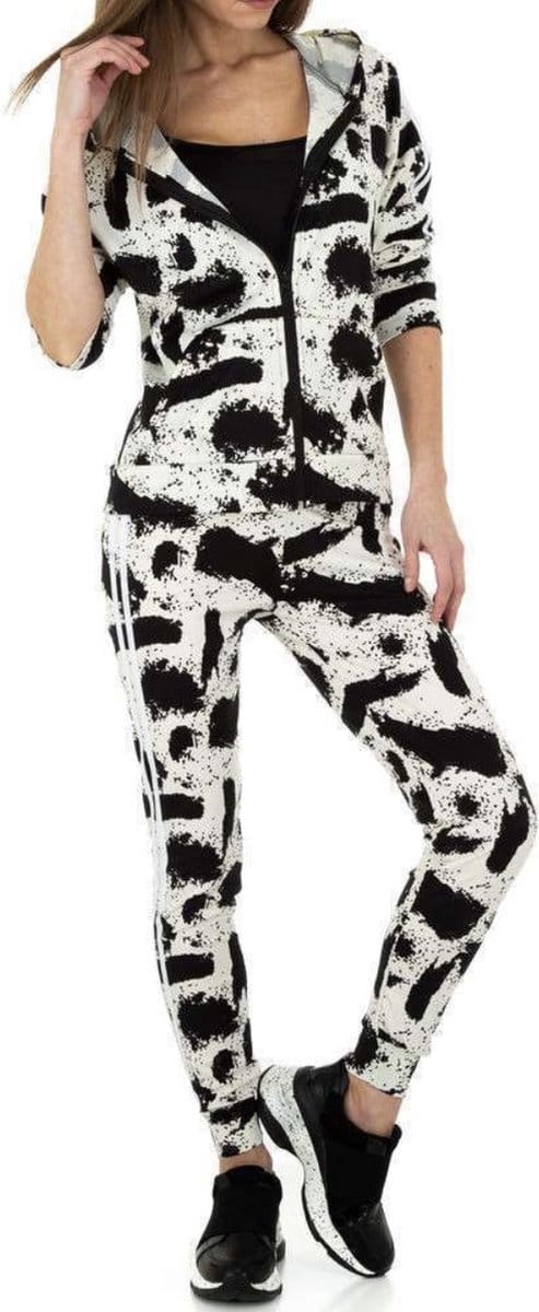 Dames huispak/vrijetijdspak met print S/M 34-36 zwart/wit