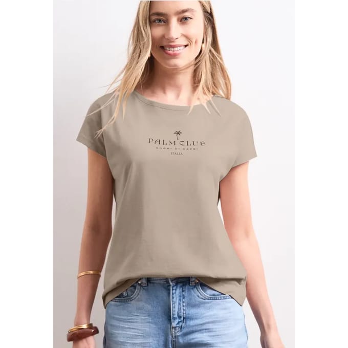 Shirt met hangende schouder en tekst