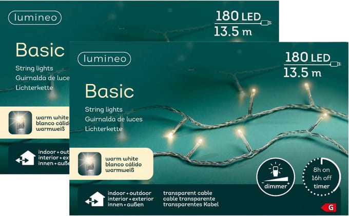 Lumineo Kerstverlichting - 2x - 180 leds -warm wit -1350 cm - transparant snoer - timer en dimmer