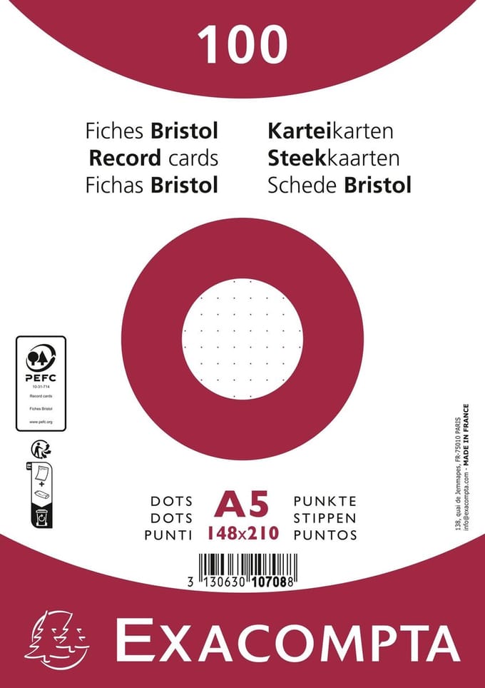 Exacompta 10x Pak 100 steekkaarten onder film - bristol karton dots niet geperforeerd - 148x210mm - Wit - 10708E