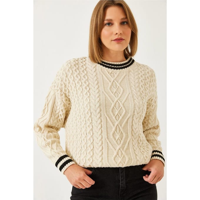 Ronde Hals Dobby Breipullover met Geribbelde Detail