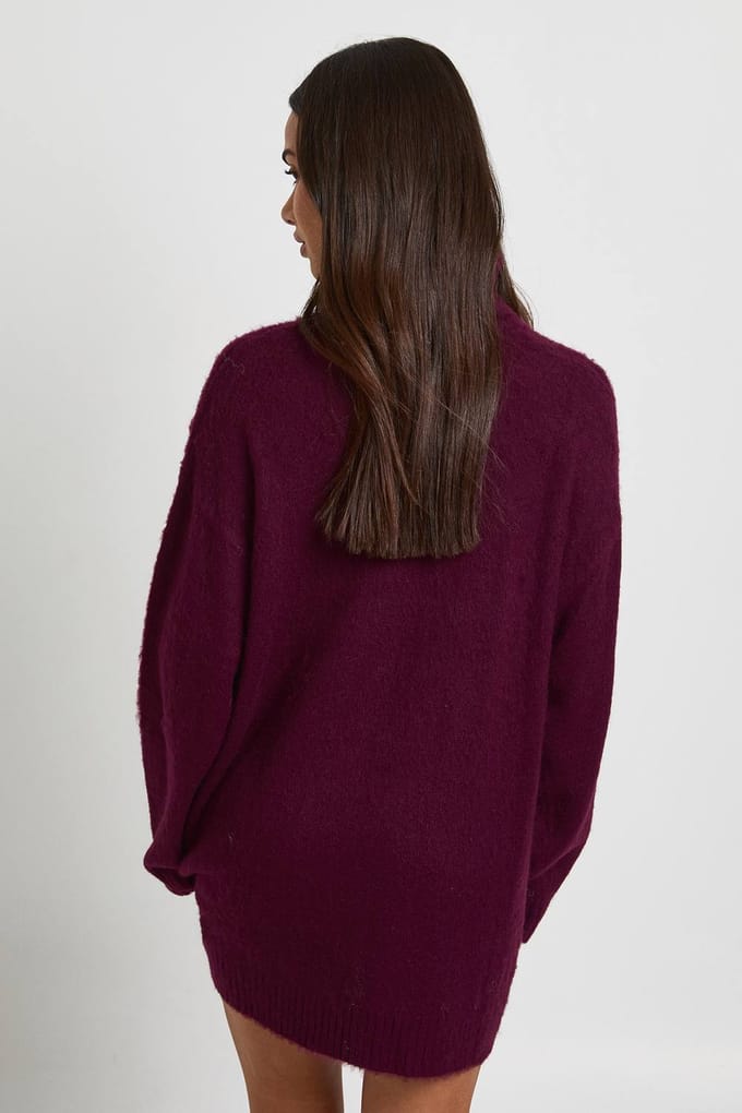 boohoo Dames Petite Super Soft Geborstelde Gebreide Rolkraag Mini-Jurk | Aubergine | Maat: Medium