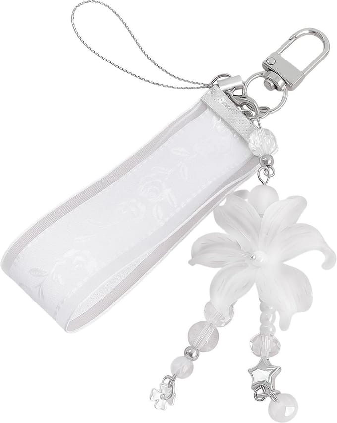 Kralen Ketting - Telefoonhanger Bloem - Tas Decoratie - Mat Iris Bloem Charm - 12 cm - Wit