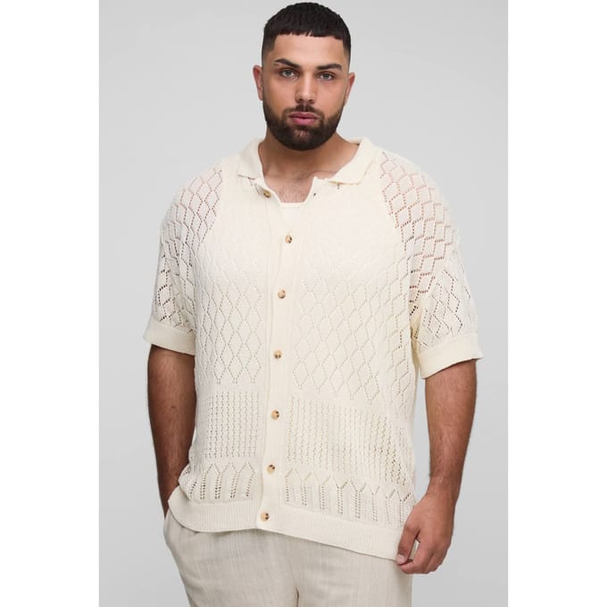 Plus Open Stitch Crochet Ontspannen Poloshirt | Ecru | Size 3XL