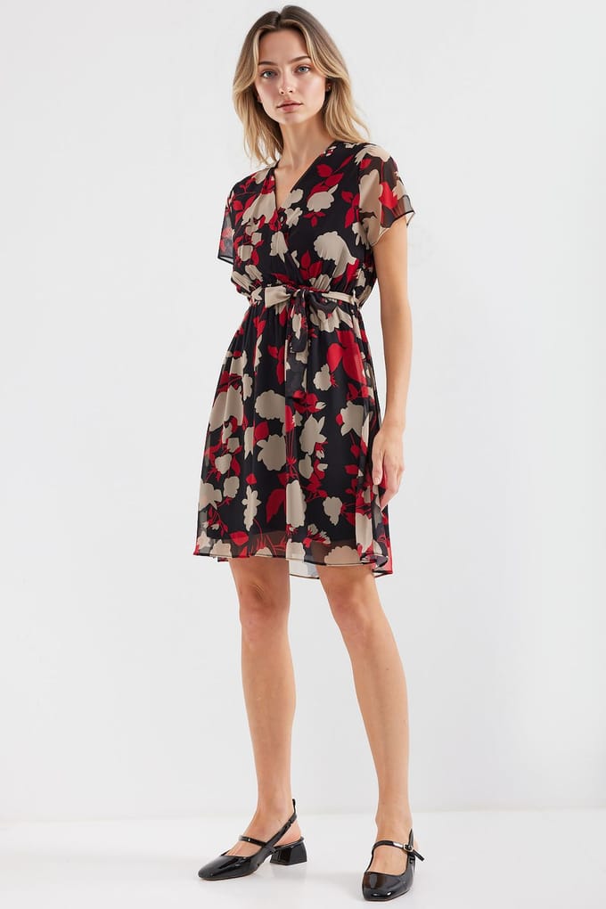 V-hals Bloemen Mini-jurk met Striksluiting