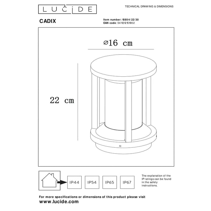 Lucide CADIX - Sokkellamp - Ø 16 cm - 1xE27 - IP65 - Zwart
