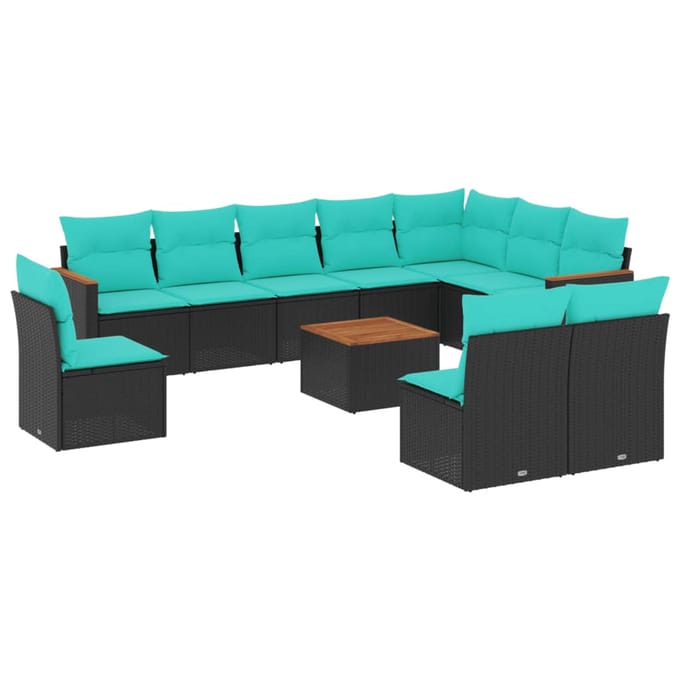 vidaXL - 11-delige - tuinbankset - met - kussens, - zwart - polyrotan