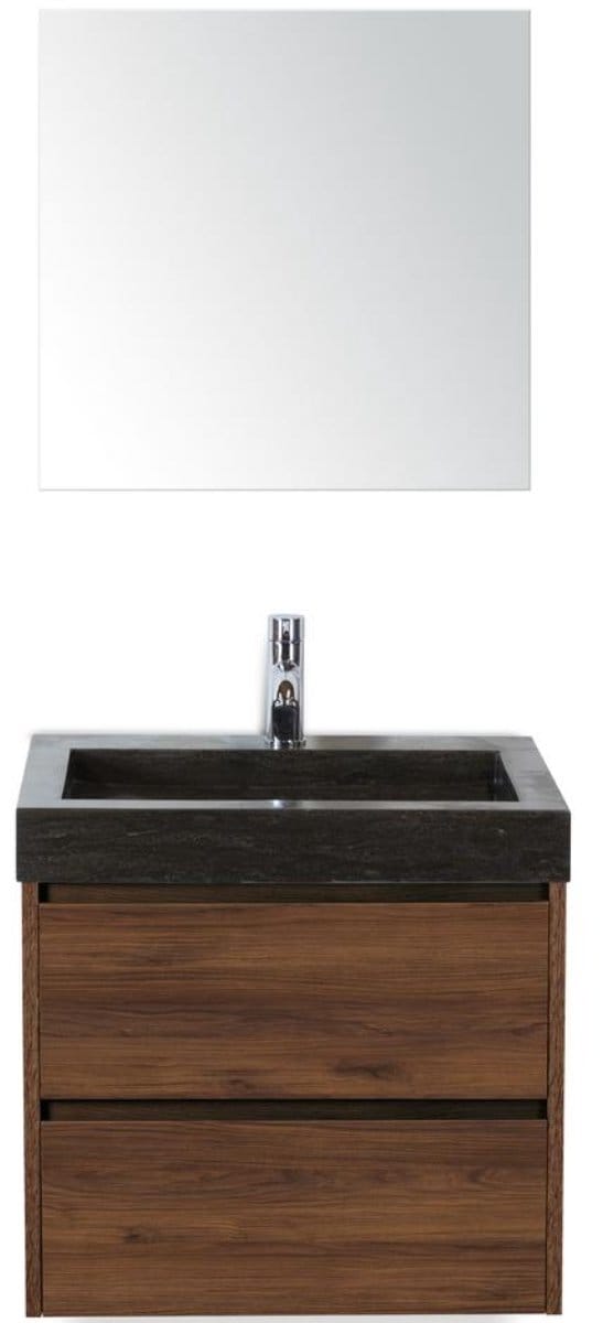 Dante Badmeubelset 60 cm - Walnoot - Wastafel Hardsteen Wit Lucca met Spiegel