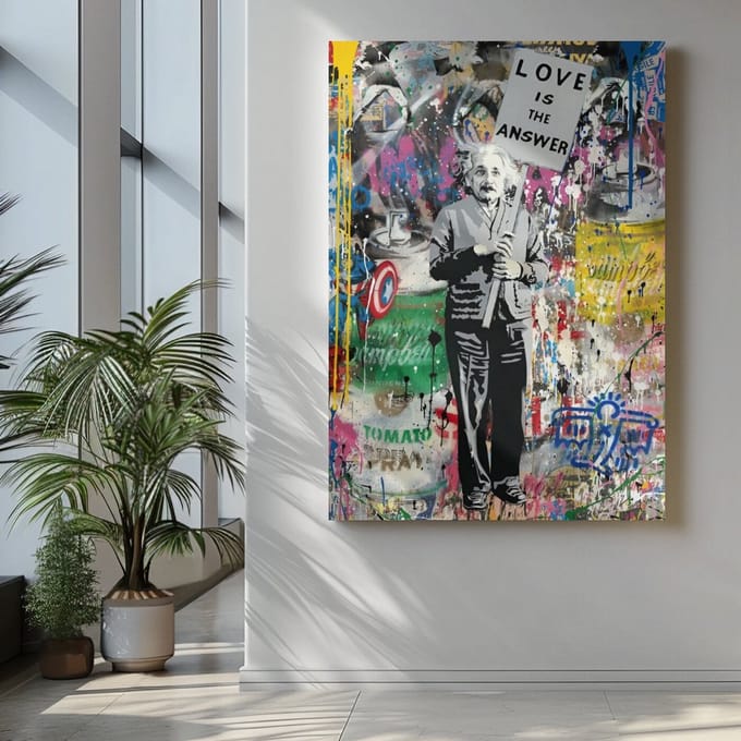 Canvas Schilderij - Graffiti Einstein - 90x60 cm - Moderne Wanddecoratie - Kunst aan de Muur