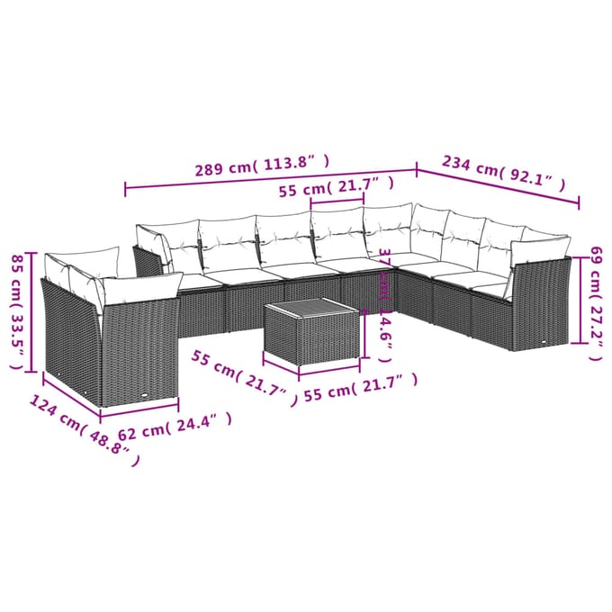 vidaXL - 11-delige - Tuinset - met - kussens - poly - rattan - beige