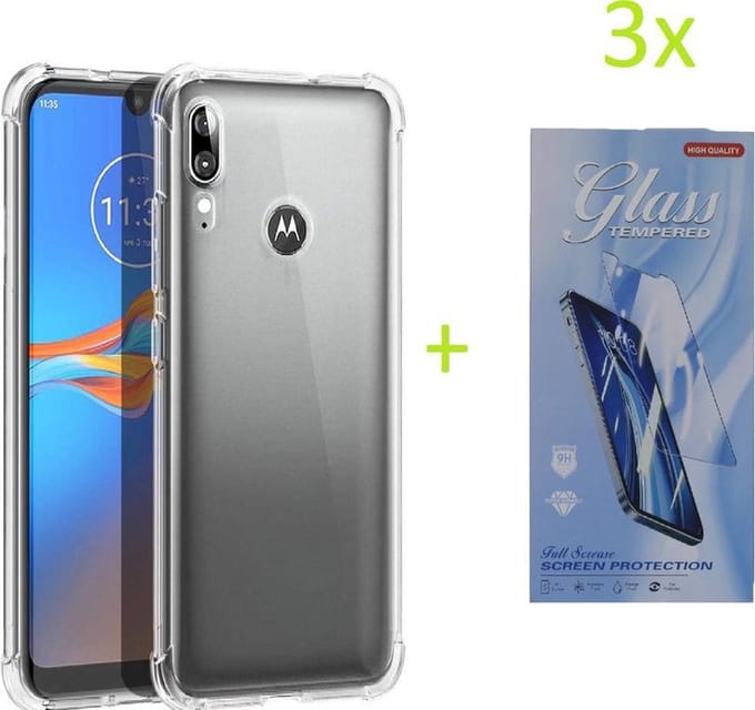 Hoesje Geschikt voor: Motorola Moto E6s / E6 Plus - Anti Shock Silicone Bumper - Transparant + 3X Tempered Glass Screenprotector