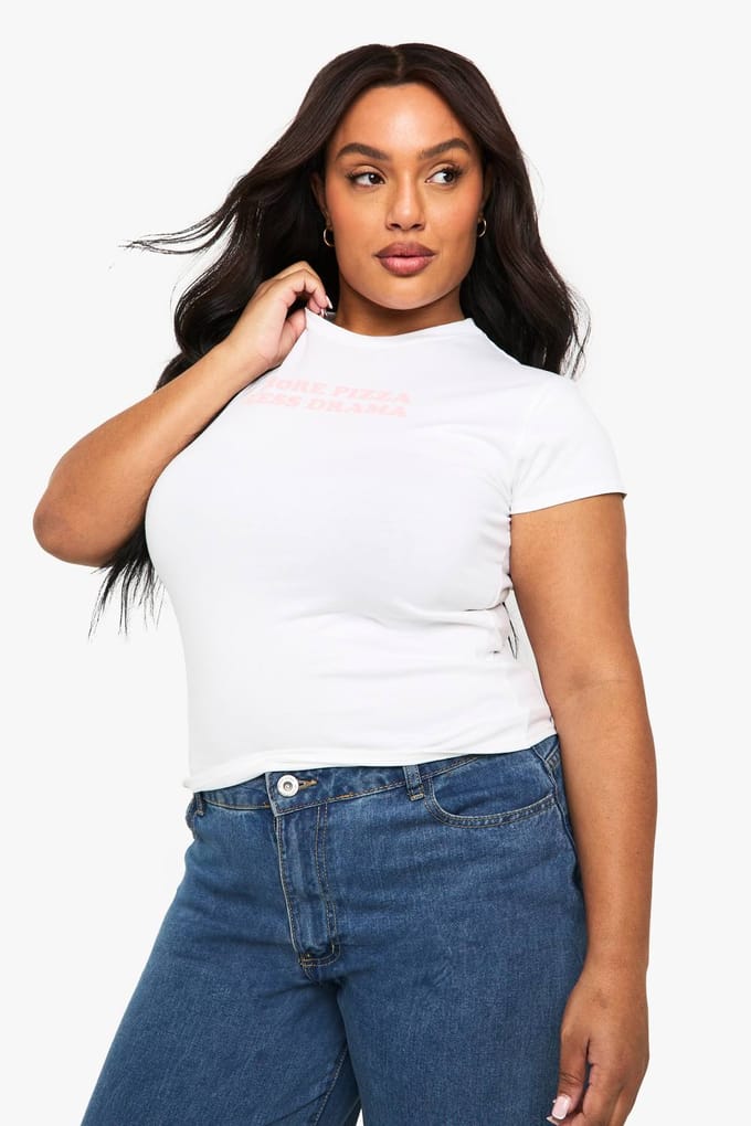 boohoo Dames PLUS MEER PIZZA, MINDER DRAMA BABY-TEE | Wit | Maat: 48