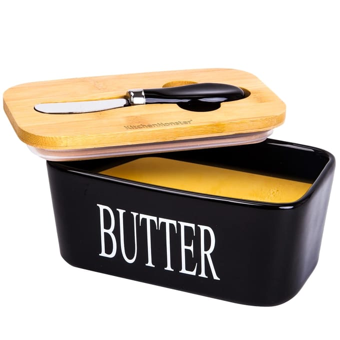 KitchenMonster Botervloot met Botermes - 600 ml Botervlootje Vershouddoos van Keramiek en Bamboe - Botervloot met Deksel Zwart