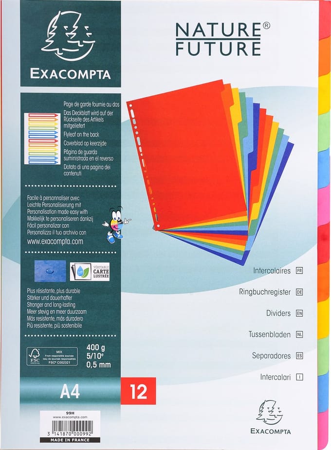 Exacompta 25x Tabbladen in glanskarton 400g - 12 tabs - A4 - Geassorteerd - 99H