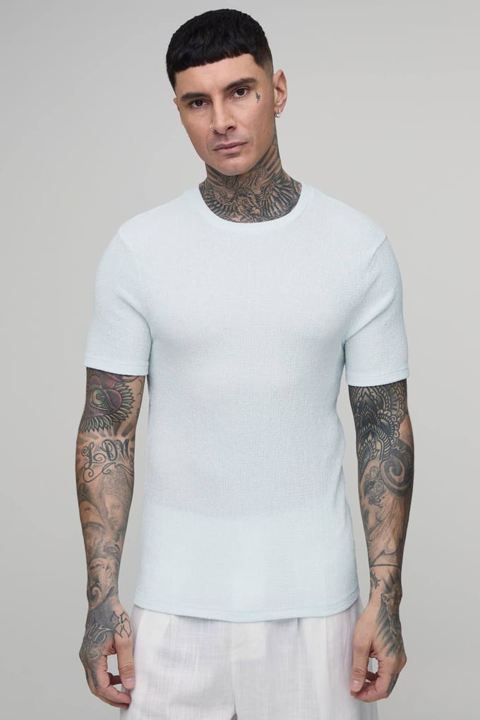 Lang Getailleerd Crinkle Gestructureerd T-shirt | Pastel Blue | Size XL
