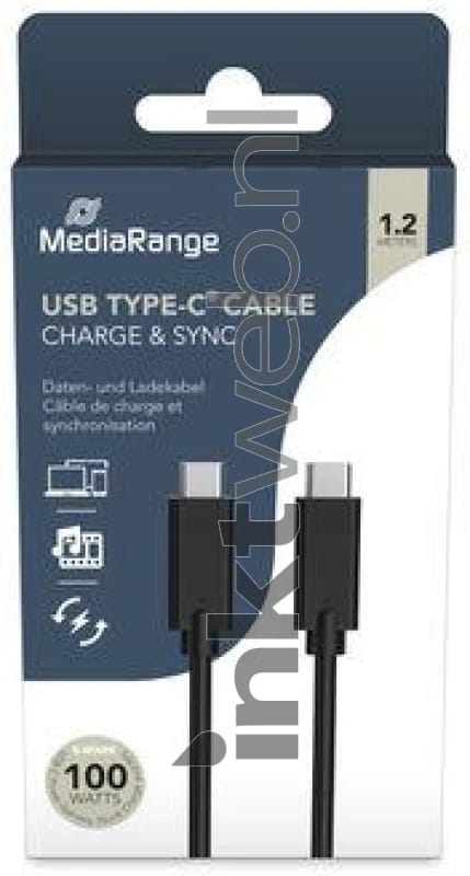 MediaRange USB Type-C® laad- en datakabel met E-markerchip, USB 3.1, ondersteunt USB-C Power Delivery 3.0, Quick Charge 3.0 en PPS, 100W max, 10Gbit/s, 1.2m, zwart