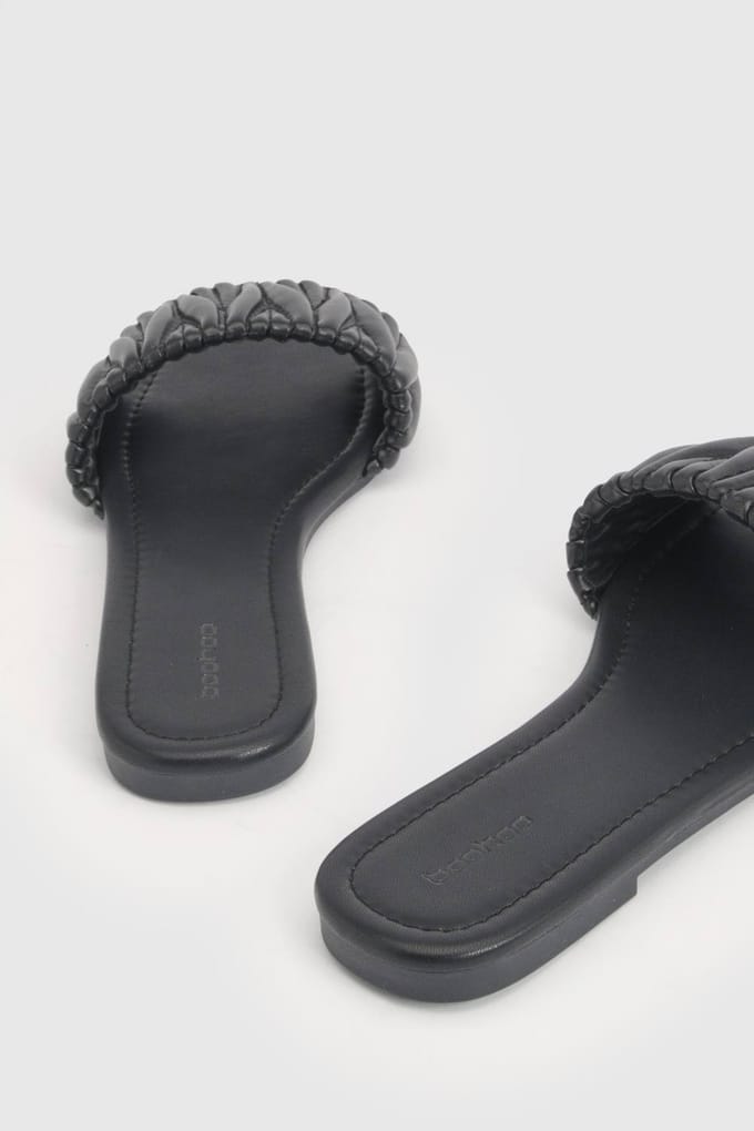 boohoo Dames Slippers Met Vierkante Neus, Gevoerd En Getextureerd | Black | Maat: 3