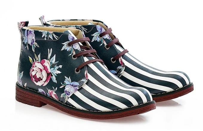 GOBY – Bloom & Stripe Dames Enkellaarsjes – Handmade en Vegan – Elegant en Creatief – Maat 36