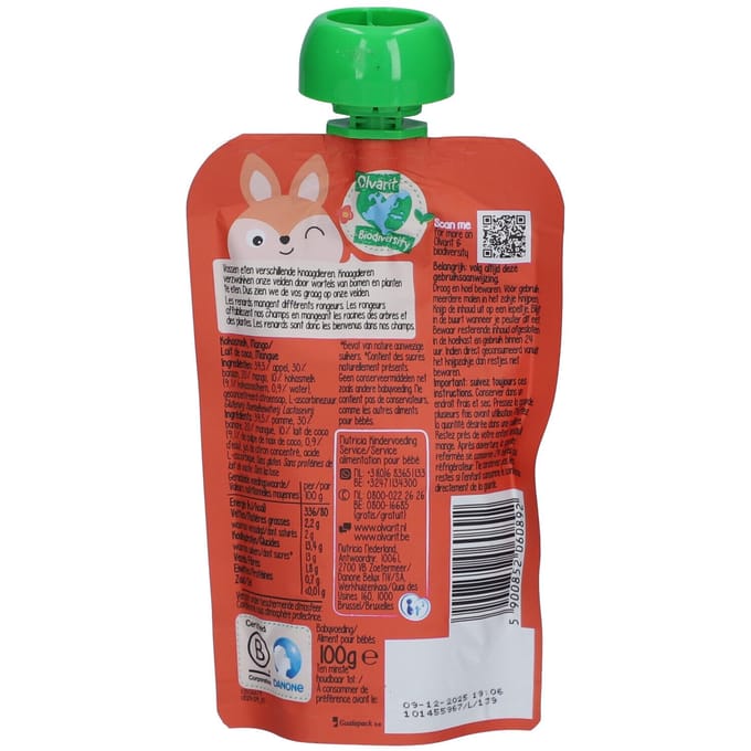 Olvarit Knijpfruit Kokosmelk Mango - Baby smoothie met tropisch fruit en kokosmelk voor kinderen - 100 gram