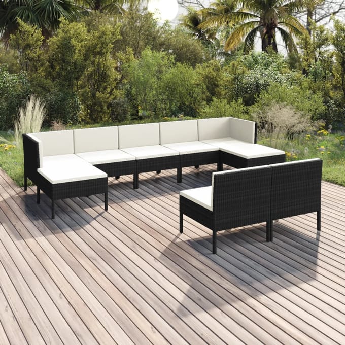 vidaXL - 9-delige - Loungeset - met - kussens - poly - rattan - zwart