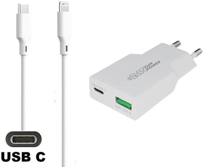OneOne 20W snellader met 2 poorten + 1,5m OneOne USB C naar Lightning kabel. PD PPS lader. GAN oplader adapter past op Apple iPhone 11 Pro, iPhone 11 Pro Max, iPhone 12, iPhone 12 Mini, iPhone 12 Pro, iPhone 12 Pro Max, iPhone 13