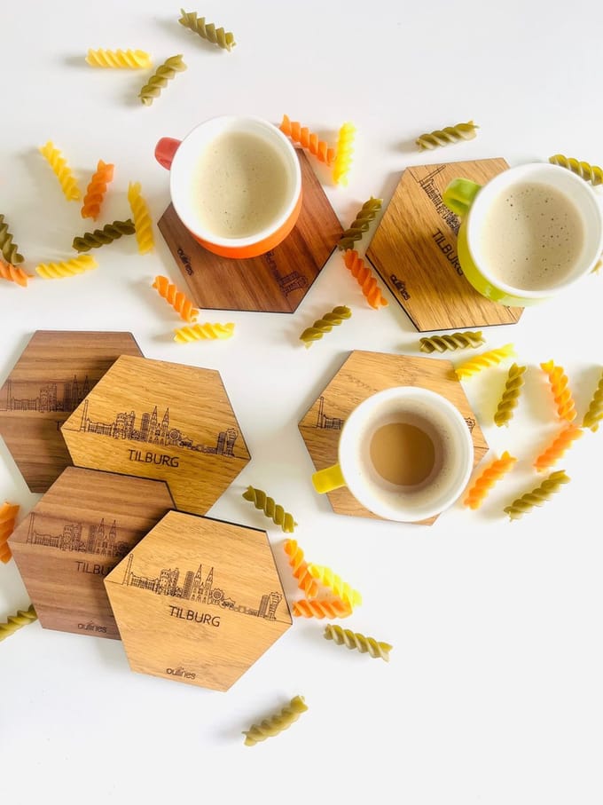 5x Onderzetters Skyline van Tilburg - 10x9cm - Eikenhout