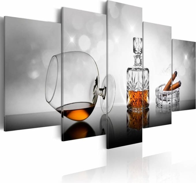 Schilderij - Whisky en sigaar, 5 luik, Bruin/Grijs, 2 maten, Premium print