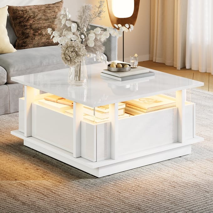 PHOEBE CAT Salontafel - Hoogglans - 2 lades - LED-verlichting - Acryl planken - 70 x 70 x 35 cm - Wit