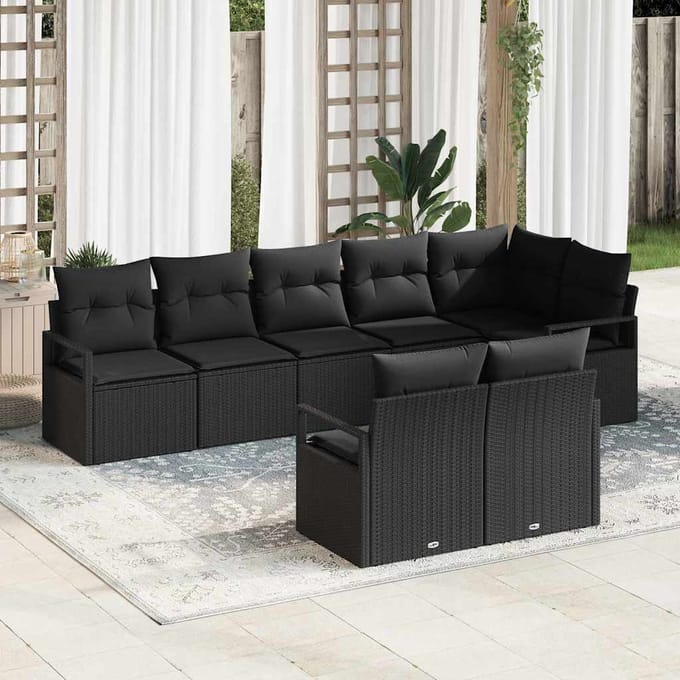 vidaXL Tuinbank Set met kussen met opslag 8 pcs Zwart poly rattan