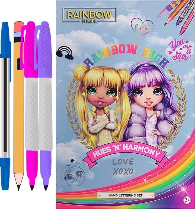 Rainbow High BFF Hand Lettering Schrijfwarenset- Inclusief een Pen, Potloot en Twee Kleurstiften