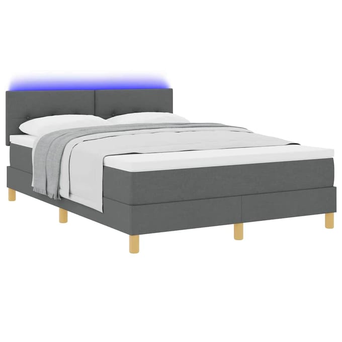 vidaXL - LED - Box - Spring - Bed - met - kussen - Donkergrijs - 140 - x - 190 - cm - Stof