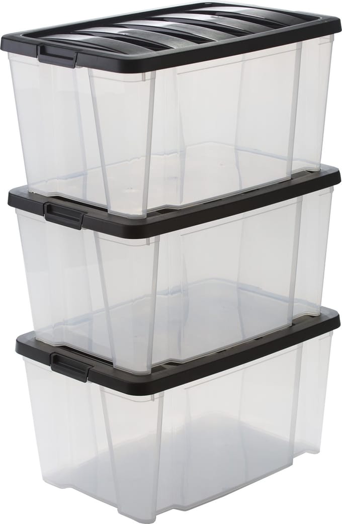 IRIS Handybox Opbergbox - 45L - Kunststof - Transparant/zwart - Set van 3