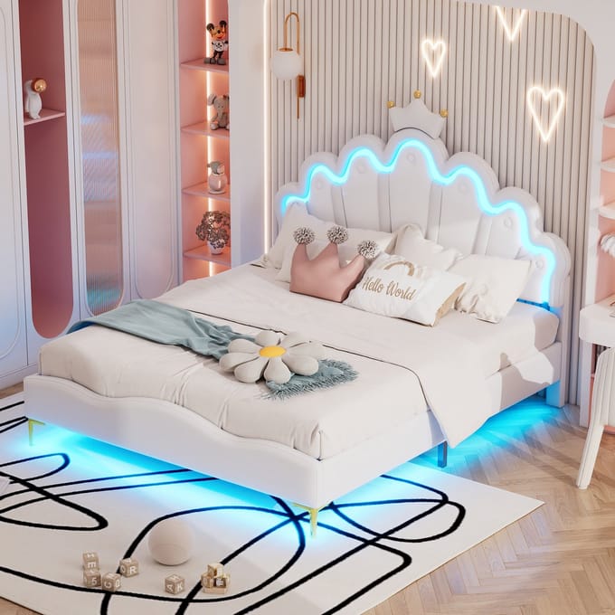 REDOM Bedframe 140x200 cm van PU-kunstleer/MDF – Met kroonvormig LED-hoofdbord en omgevingsverlichting – Wit