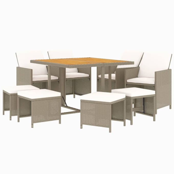 vidaXL - 9-delige - Tuinset - met - kussens - poly - rattan - beige