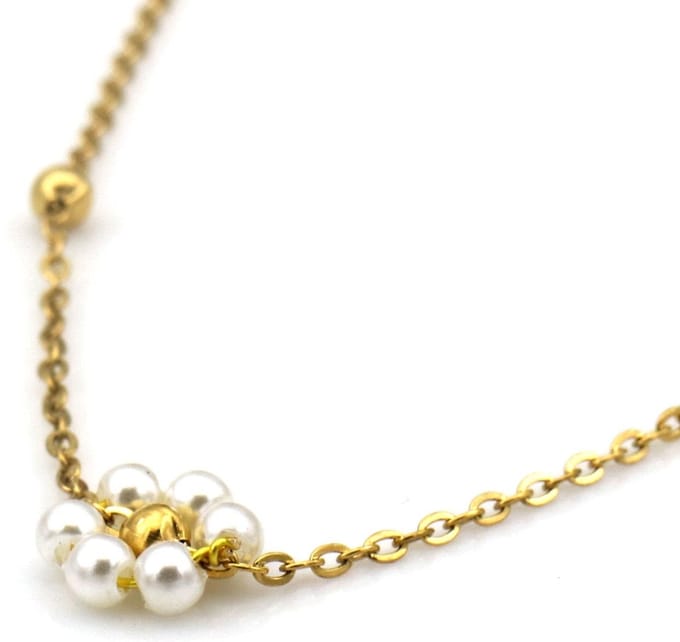 Ketting - RVS - bloem met parels - goudkleurig - 40-45 cm