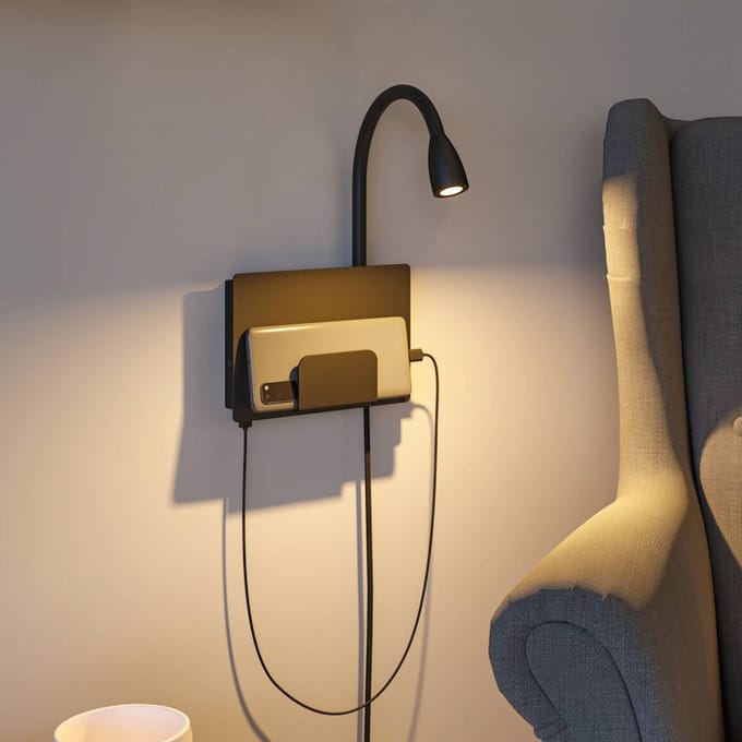 LED-wandlamp Halina USB C 2700K 200lm 230V 2,4W Zwart mat
