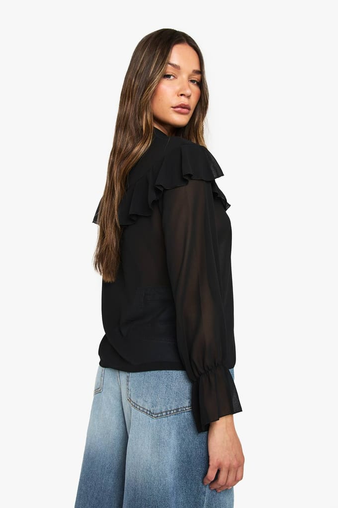 boohoo Dames Ruffle Blouse | Black | Maat: 6