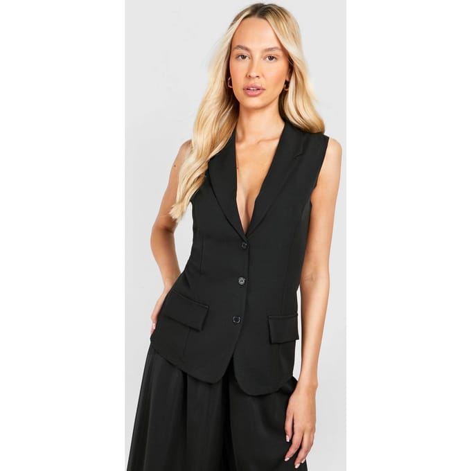 boohoo Dames Lange geweven knoopvest | Zwart | Maat: 42