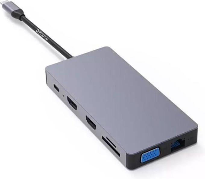 DrPhone MD5 -12 in 1 Hub - Complete Dock - 2x HDMI - (tot 3 schermen) - USB-C naar HDMI/VGA/USB 3.0 /PD 100W /(Micro)SD + 3.5 - AUX & RJ45 Ethernet