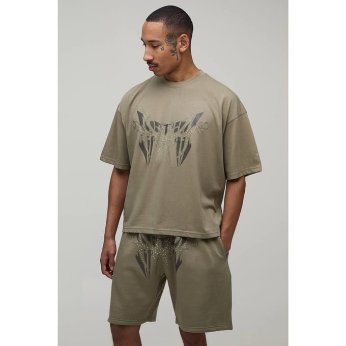 Oversized Boxy T-shirt Met Studs & Relaxed Short Set | Khaki | Size Small