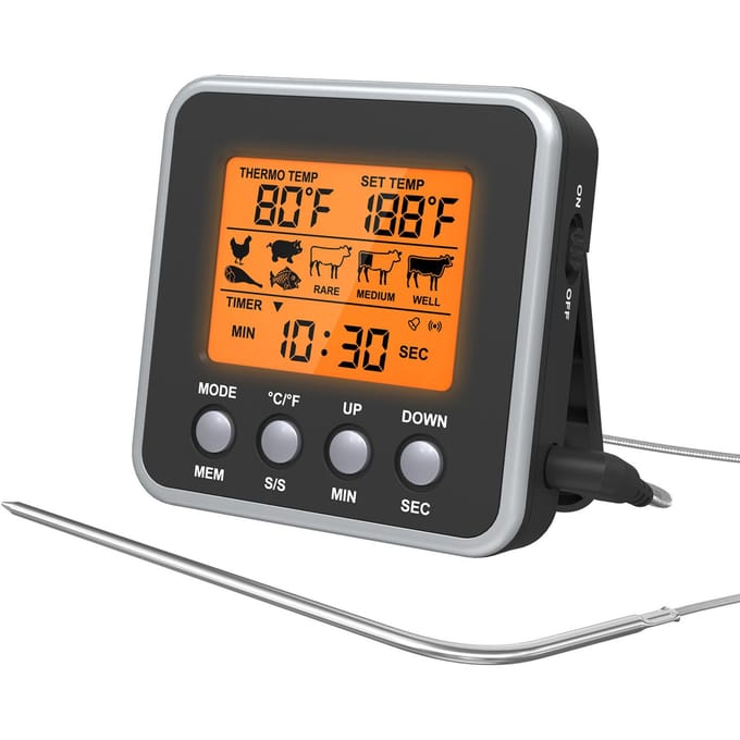 Oranje LCD digitale voedseltemperatuurmeter met achtergrondverlichting, kookvleesthermometer met temperatuursonde, zwart