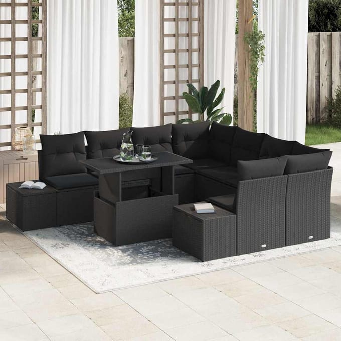 vidaXL - Tuinbank - Set - 9 - st - Zwart - poly - rattan