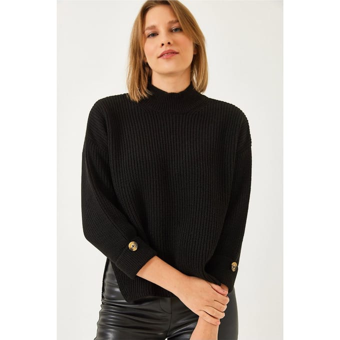 Getextureerde Gebreide Halfcol Sweater met Knopen Sluiting