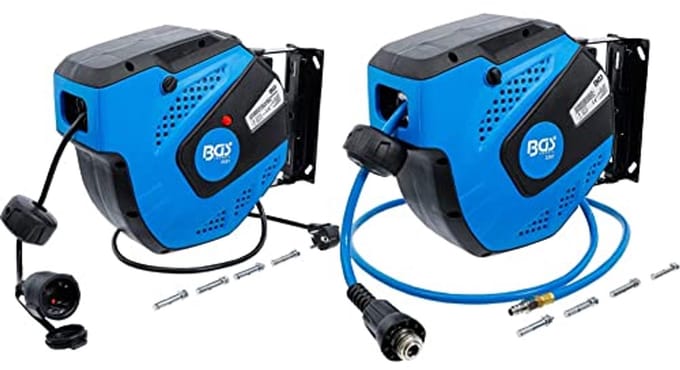 Stroomkabelautomaat en Persluchtslang met Oproller - 15m en 10m