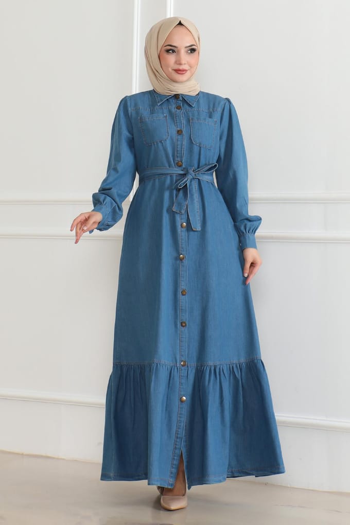Ruche Detailed Denim Jurk Lichtblauw