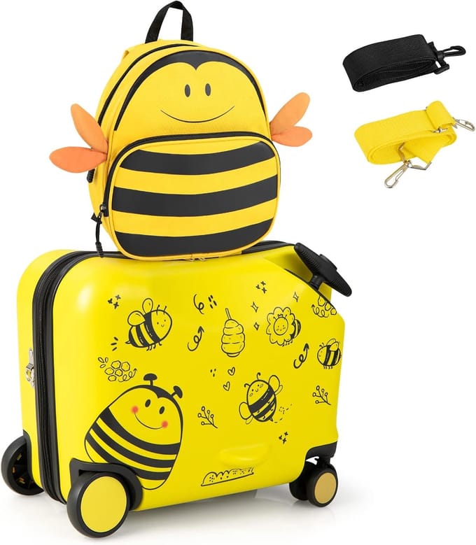 COSTWAY 2-delige kinderkoffer + rugzak, 12"+18" kindertrolley, Bijenmotief