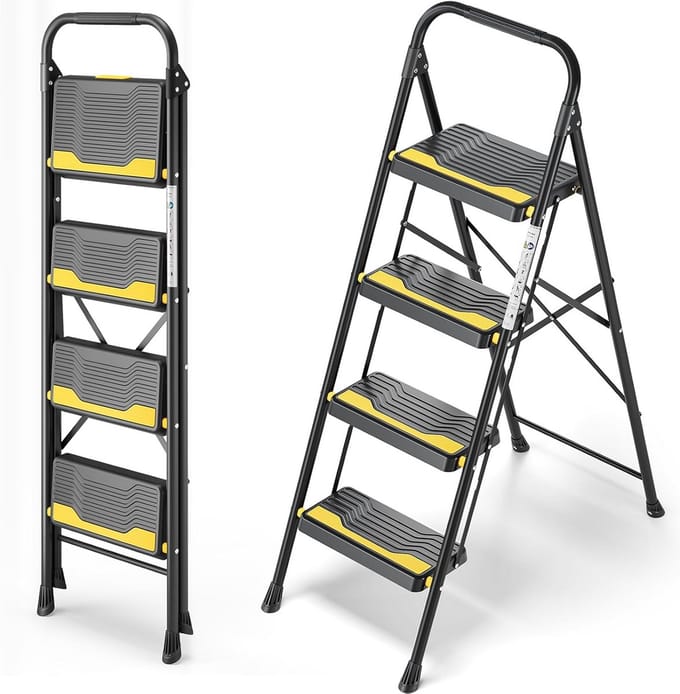 Opvouwbare trapladder 4 treden – stevig 150 kg – breed antislip treden – veilige leuning – compact draagbaar ontwerp