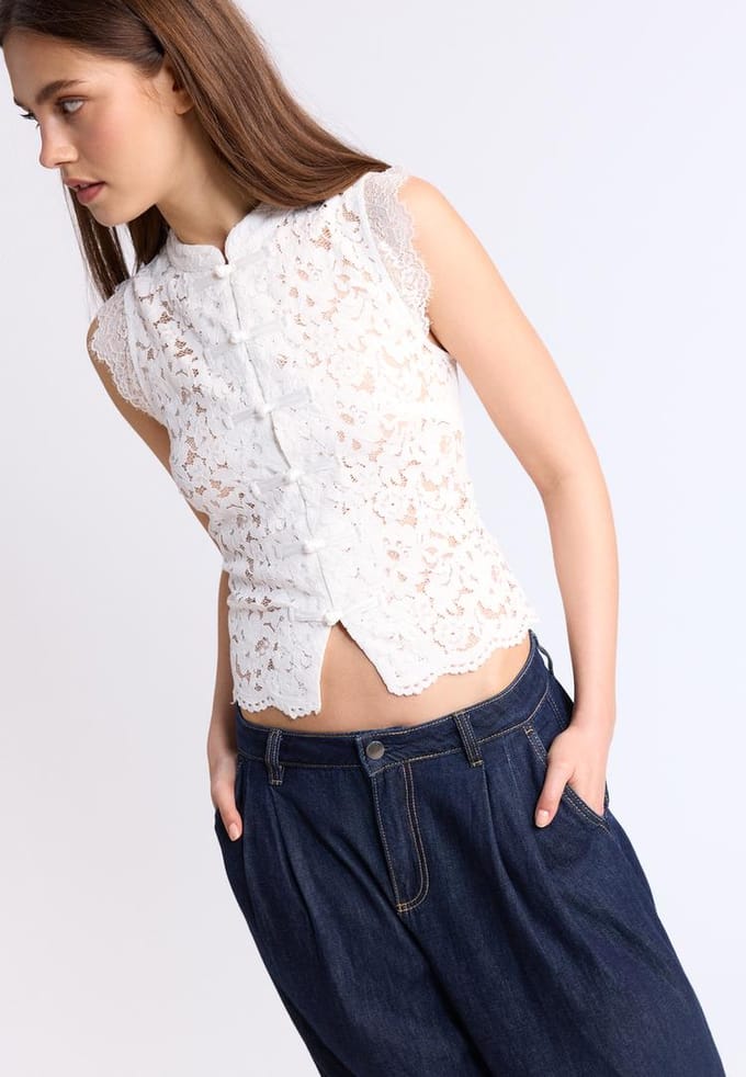Stradivarius Kanten top met houtje-touwtjeknoop  Wit M