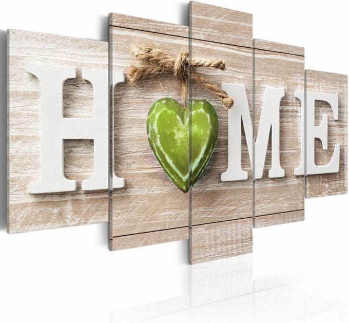 Schilderij - Groen Hart - Home , beige groen , beton look , 5 luik